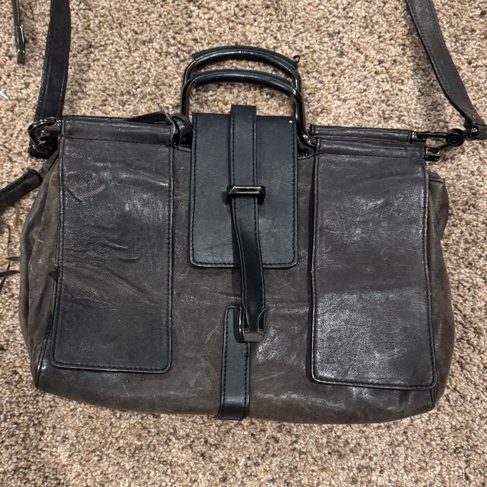 Leifsdottir Distressed Leather Satchel with Fringe – Black/Gunmetal